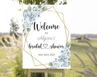 Bridal Shower Sign Template, Printable, Dusty Blue, Gold, INSTANT Download