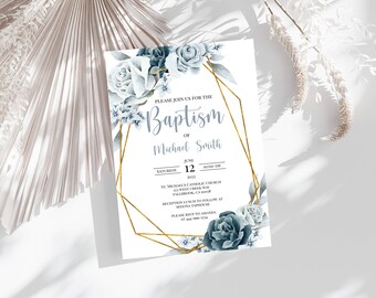Baptism Invitation Template, Invite, Printable, Dusty Blue, Girl, Boy, INSTANT Download, Electronic, Digital