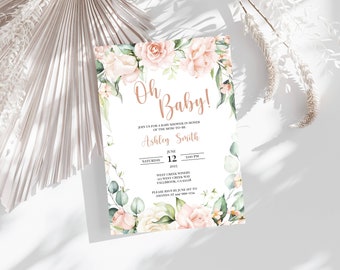 Baby-Dusche-Einladungs-Vorlage, einladen, druckbar, Blumen, Blush, Mädchen, SOFORTIGER Download, elektronisch, digital