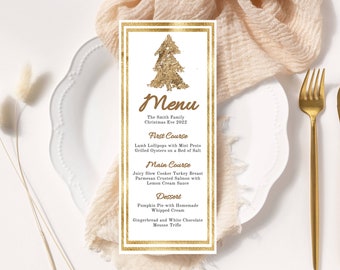 Kerstmenusjabloon, Nieuwjaar, Afdrukbaar, Probeer voordat je koopt, Vakantie, Diner, Brunch, Lunch, Goud, INSTANT Download