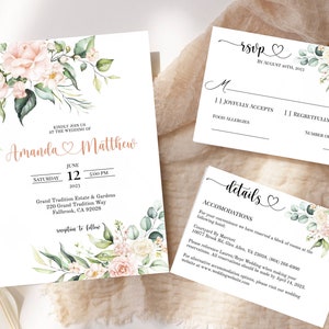 Pacote de modelo de convite de casamento, convite, cartão RSVP, cartão de detalhes/acomodações, para impressão, blush, verde sálvia, dourado, download INSTANTÂNEO