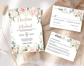 Hochzeitseinladung Vorlage Bundle, Invite, RSVP Karte, Details/Unterkunft Karte, bedruckbar, Blush, Salbeigrün, Gold, SOFORTIGER Download