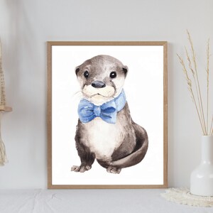Adorable Watercolor Otter Printable Wall Art, Baby Otter, Otter with Big Blue Bowtie, Nursery, Kid&#39;s Room, Printable Art, Digital Download