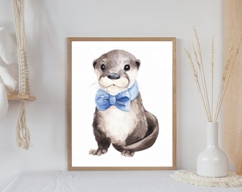 Adorable Watercolor Otter Printable Wall Art, Baby Otter, Otter with Big Blue Bowtie, Nursery, Kid's Room, Printable Art, Digital Download