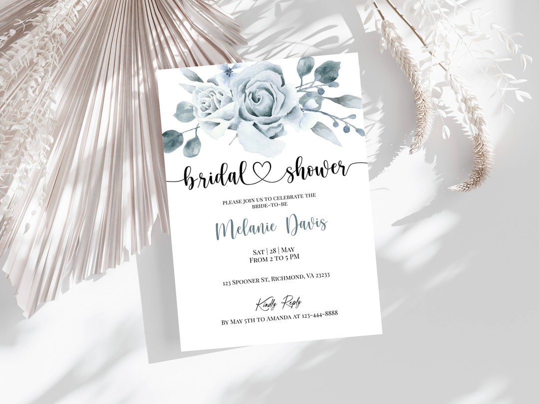 Dusty Blue Bridal Shower Invitation Template, Printable, Floral, Invite ...