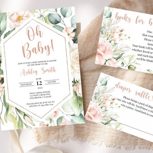 Baby Shower Invitation Template Bundle, Invite, Books for Baby, Diaper Raffle, Blush, INSTANT Download, Electronic, Digital, Girl