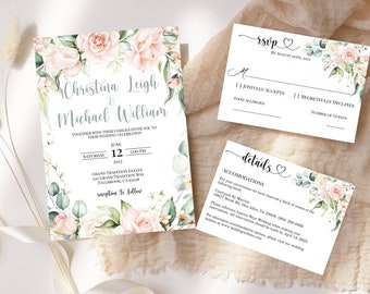 Hochzeitseinladung Vorlage Bundle, Invite, RSVP Karte, Details/Unterkunft Karte, bedruckbar, Blush, Salbeigrün, Gold, SOFORTIGER Download
