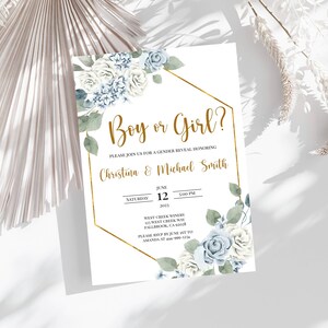 Gender Reveal Baby Shower Invitation Template, Invite, Printable, Boy, Girl, He, She, Dusty Blue, Gold, Electronic, Digital