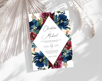 Bordo and Navy Wedding Invitation Template, Burgundy and Blue, Invite, INSTANT Download, Electronic, Digital, Printable