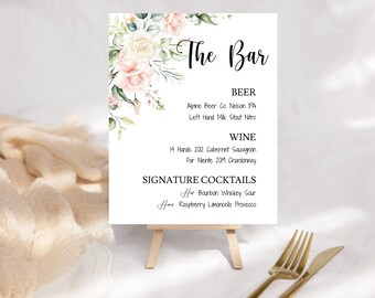 Blush Floral Hochzeit Bar Menü Zeichen Vorlage, druckbar, vor dem Kauf ausprobieren, DIY, SOFORTIGER Download