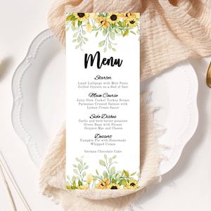 Wedding Menu Template, Printable, Try Before You Buy, DIY, Sunflower, INSTANT Download