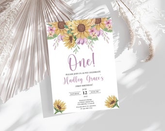 Geburtstagsparty einladen Vorlage, Einladung, Erster Geburtstag, 1st, Turning One, Sonnenblume, Aquarell, SOFORTIGER Download, printable