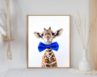 Adorable Giraffe Printable Wall Art, Baby Giraffe, Giraffe with Big Blue Bowtie, Safari, Nursery, Printable Art, Digital Download