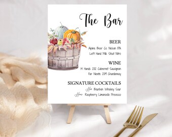 Fall Bar Menu Sign Template, Herfst, Thanksgiving, Vakantie, Bruiloft, Feest, Afdrukbaar, Probeer voordat je koopt, DIY, INSTANT Download