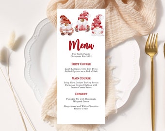Modello menu di Natale, stampabile, prova prima di acquistare, fai da te, vacanze, cena, brunch, gnomo, download immediato