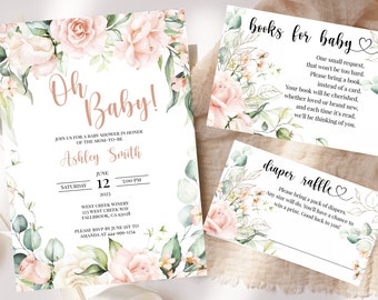 Baby Shower Einladung Vorlage Bundle, einladen, Bücher für Baby, Windel Tombola, Blush, SOFORTIGER Download, elektronisch, digital, Mädchen
