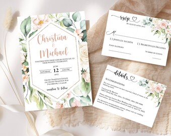 Hochzeitseinladung Vorlage Bundle, Invite, RSVP Karte, Details/Unterkunft Karte, bedruckbar, Blush, Salbeigrün, Gold, SOFORTIGER Download
