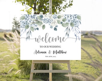 Dusty Blue Wedding Sign Template, Printable, Spring, Summer, Floral, DIY, Try Before You Buy, 24x18", INSTANT Download