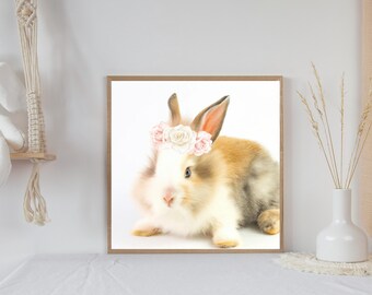 Baby Bunny Printable Wall Art, Baby Rabbit, Bunny with Blush Flowers, Kid's Room Decor, Nursery Decor, INSTANT Download, Printable Art