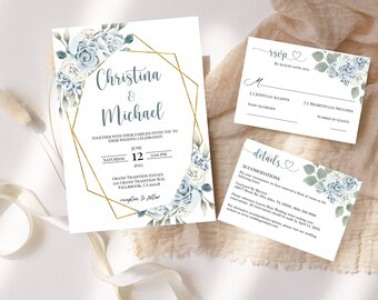 Dusty Blue Hochzeitseinladung, Vorlage, Einladungskarte, Einladungskarte, Einladungskarte, Hochzeitseinladung, Einladungskarte, Hochzeitseinladung, DIY, SOFORT Download