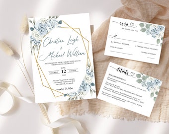 Dusty Blue Hochzeitseinladung, Vorlage, Einladungskarte, Einladungskarte, Einladungskarte, Hochzeitseinladung, Einladungskarte, Hochzeitseinladung, DIY, SOFORT Download