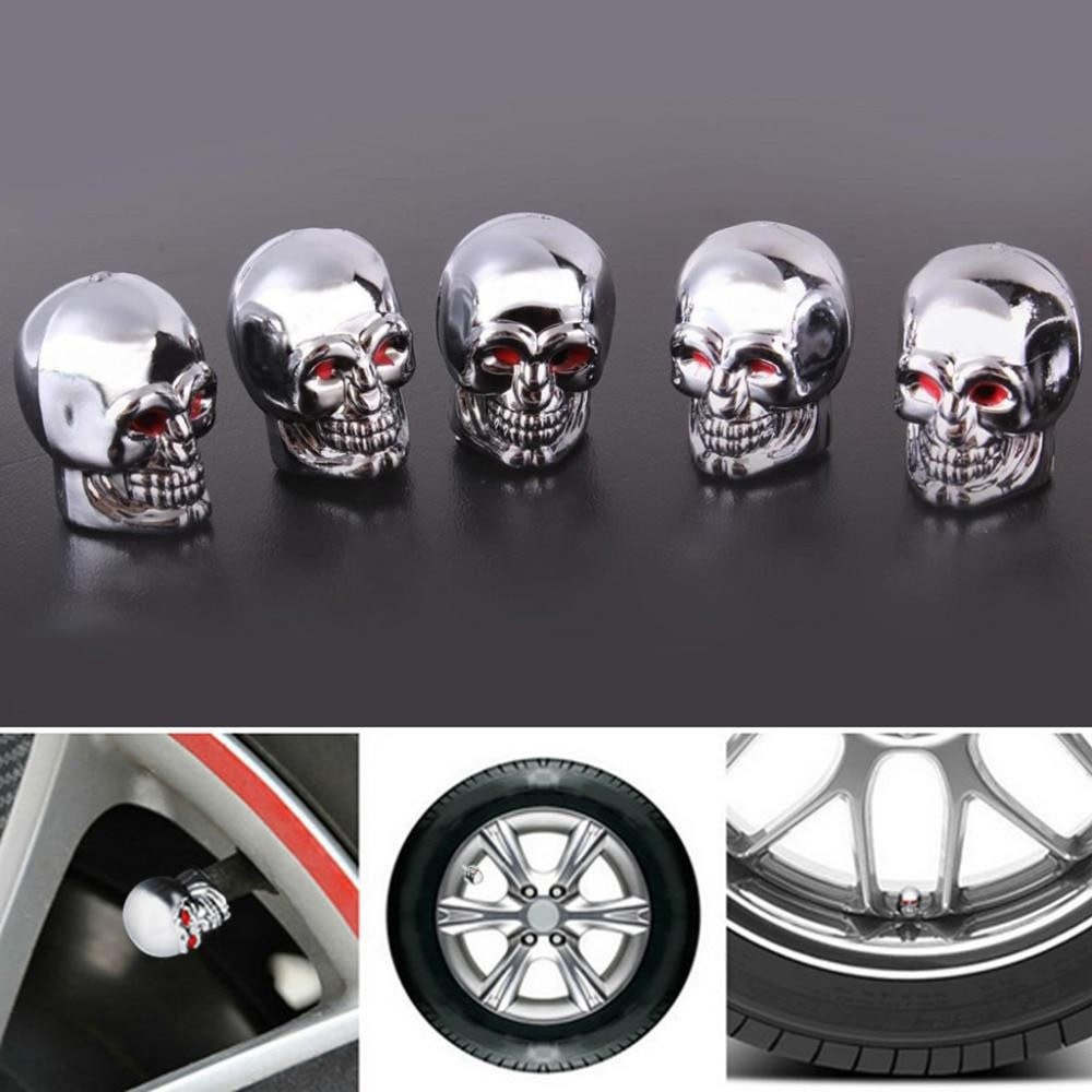 Set of 4 Silver Skull Red Eyed Car Bike Motorcycle Van BMX Wheel Tyre Valve Dust Caps 