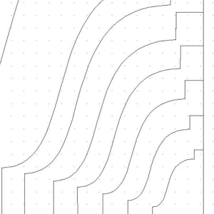 May include: A technical drawing featuring curved lines and measurements in inches. The lines form a stepped, wave-like design, with measurements from 1 inch to 4 inches (2.54 cm to 10.16 cm). A dotted grid is in the background.
