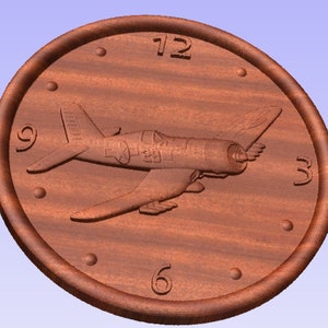 May include: A wooden clock face with a carved image of a fighter plane. The clock face has Roman numeral markings for the hours.