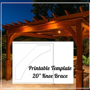 May include: Printable template for a 20-inch knee brace for a pergola. The template is on a white background with a grid pattern. The template is shown in front of a wooden pergola with lights.