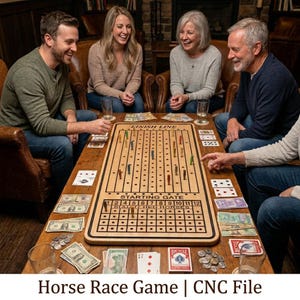 May include: A wooden horse race board game featuring a grid with numbered lanes from 1 to 12, labeled Starting Gate and Finish Line, with small colored pegs, playing cards, and paper currency arranged on a wooden table for gameplay.