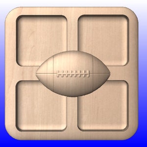 May include: A wooden serving tray with four square compartments and a raised football design in the center.