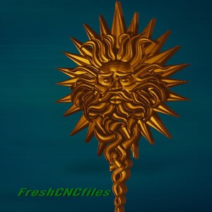 Pode incluir: Um sol dourado com um rosto e barba, com raios que se estendem para fora. O sol é um design 3D, com uma superfície texturizada.