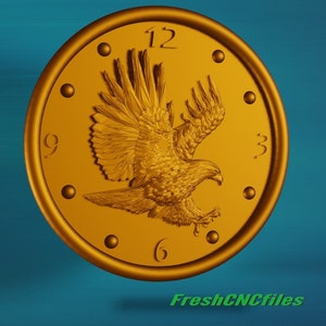 May include: A gold-colored circular clock face with a detailed eagle design in the center. The clock face has Roman numeral markings for the hours, with the number 12 at the top. The eagle is depicted with its wings spread wide, and its talons are extended. The clock face is surrounded by a raised rim.