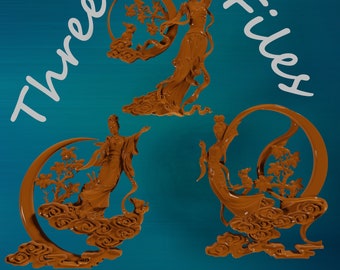 May include: Three digital files for CNC carving, featuring a woman in a flowing robe standing on a cloud with a crescent moon and flowers. The text "FreshCNCfiles" is at the bottom of the image.