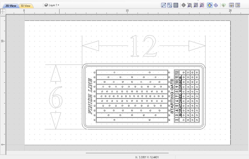 May include: A black and white illustration of a race track with a starting gate and finish line. The track is marked with numbers from 2 to 12. The text "STARTING GATE" and "FINISH LINE" are visible on the illustration.