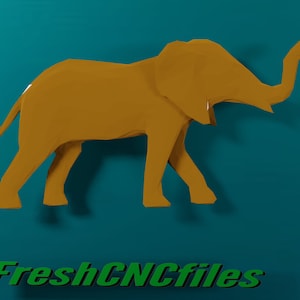 May include: A low-poly 3D model of an elephant rendered in a golden brown color. The elephant is standing on a teal blue background. The elephant's trunk is raised in the air.