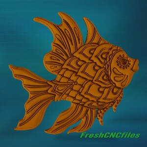 May include: A detailed, intricately carved wooden fish sculpture with a gold finish. The fish has a large, ornate tail and fins, and its body is covered in a pattern of scales. The sculpture is a beautiful example of woodworking artistry.