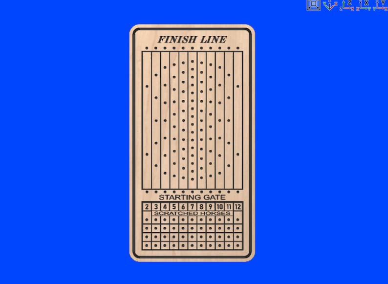 May include: A wooden race track game board with a finish line, starting gate, and scratched horses section. The board has a light brown wood grain finish and black text and lines.