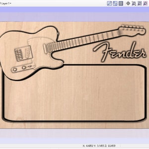 May include: A wood cutout of a Fender Telecaster guitar with the Fender logo above it. The guitar is in a light brown color and the logo is in black. The cutout is on a light brown wood background.