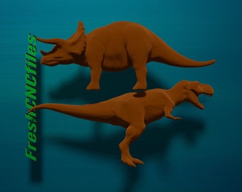 May include: Two brown dinosaur figurines, a Triceratops and a Tyrannosaurus Rex, are posed on a blue background. The Triceratops is standing on its hind legs with its tail curled up. The Tyrannosaurus Rex is standing on its hind legs with its mouth open.