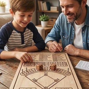 Könnte beinhalten: Ein Baseball-Brettspiel aus Holz mit einem lasergravierten Spielfeld, einer Anzeige für Innings und Outs sowie zwei Holzwürfeln. Das Spielbrett enthält Metallstifte zur Fortschrittsverfolgung und deutlich markierte Bereiche für Spielstände.