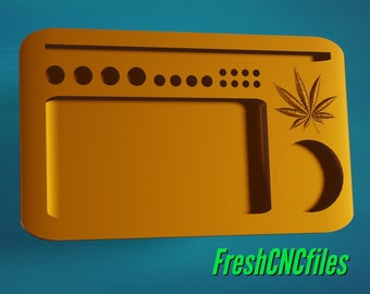 May include: A yellow wooden rolling tray with a leaf design, multiple small circles, and a larger circle for a grinder. The tray is designed for rolling and storing cannabis.