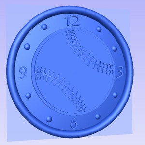 May include: A light blue, circular baseball-themed clock design. The clock face features a baseball with stitching details and the numbers 3, 6, 9, and 12. The clock has a circular border with small, evenly spaced circular accents.