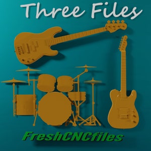May include: Three gold-coloured musical instruments: a bass guitar, an electric guitar, and a drum set. The instruments are on a blue background with the text "Three Files" and "FreshCNCfiles" in white and green.
