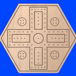 May include: A wooden game board with a hexagonal shape and a cross-shaped pattern of holes. The board is made of light brown wood and has a natural finish.