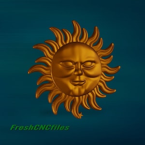 Pode incluir: Um sol dourado com um rosto humano e olhos fechados. O sol tem um grande número de raios que emanam dele.