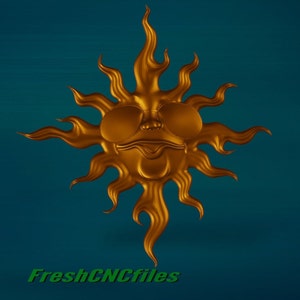 May include: A golden sun face with sunglasses and flame-like rays. The sun has a smiling expression and is set against a teal background. The text "Fresh CNC files" is in green at the bottom.