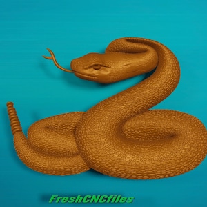 May include: A brown snake sculpture with a textured surface, coiled in a curled position. The snake has a forked tongue and a detailed head.