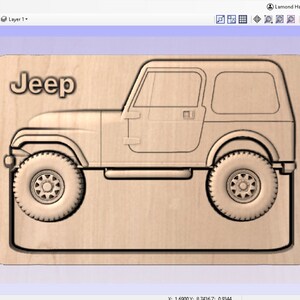 May include: A wooden cutout of a Jeep, with the word "Jeep" carved above it. The cutout is on a light brown background.