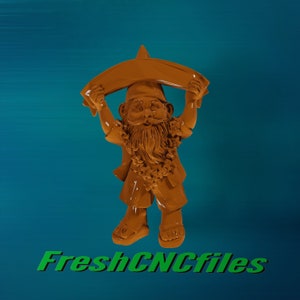 May include: A brown garden gnome holding a sign that says "FreshCNCfiles". The gnome is wearing a lei and has a beard.
